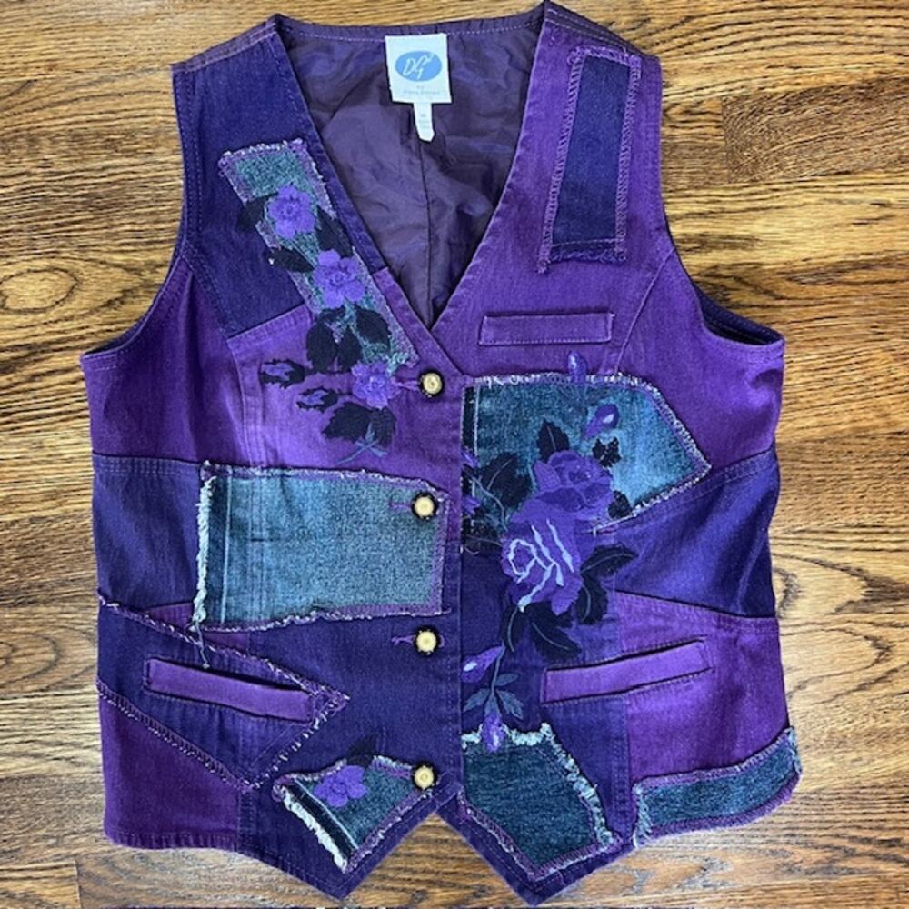 VTG Diane Gilman Denim Purple Vest Womens M Floral Boho Patchwork Button